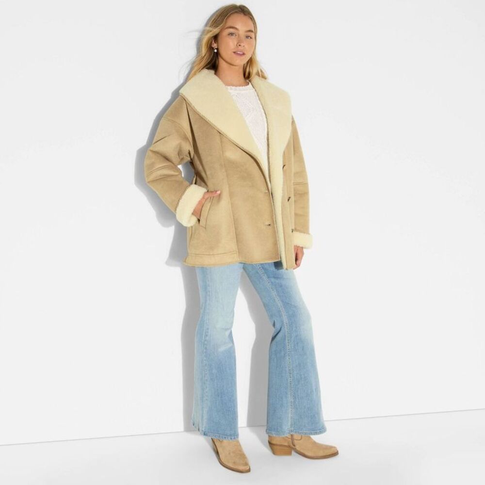 Women's Shawl Collar Shearling Coat - Wild Fable Tan L